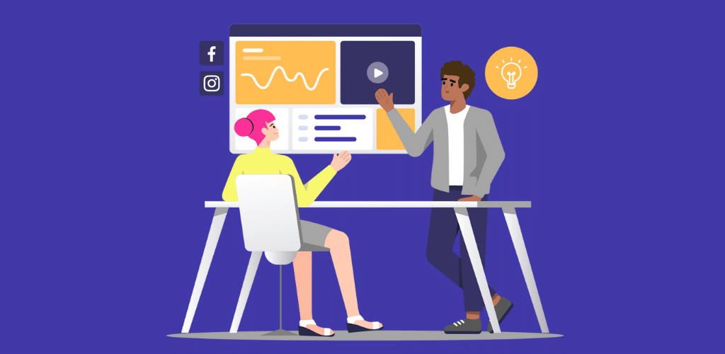 Blogpost – Indicadores de marketing desenho de duas pessoas em reunião visualizando gráficos em uma tela